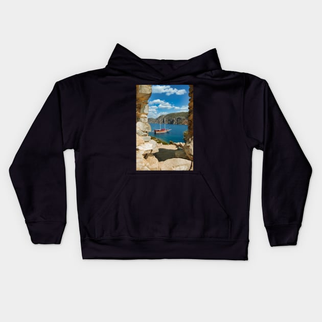 Sailboat anchored in an aegean bay in Turkey Kids Hoodie by stuartchard